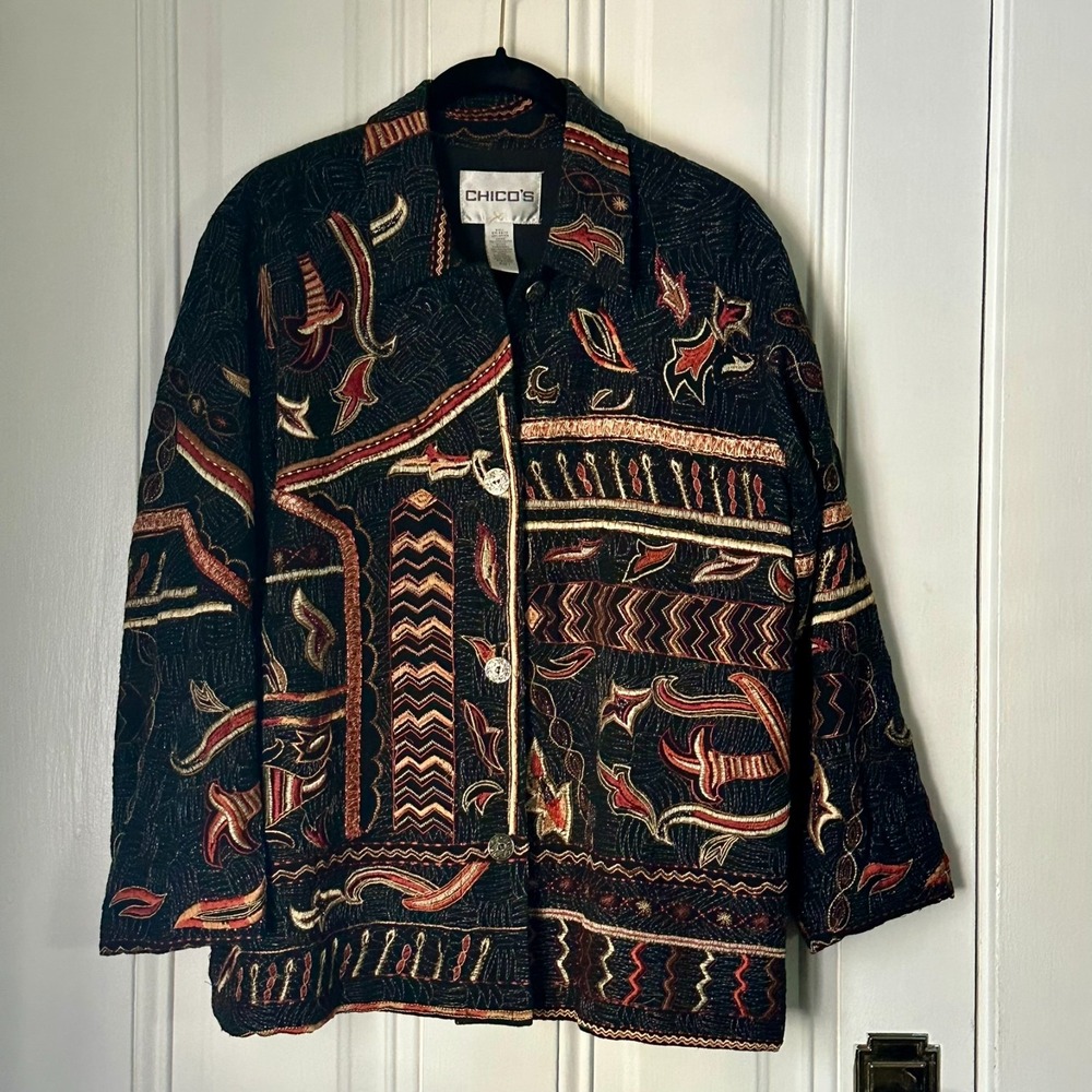 Rare Chico's Embroidered Metallic‎ Jacket Black Multicolor Sz 1 (S)